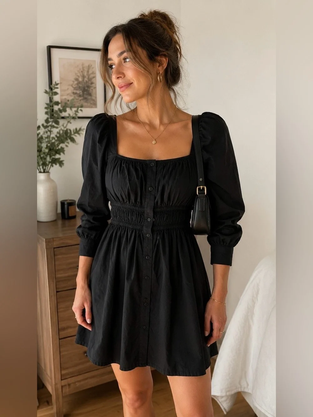 J.Crew Black Puff Sleeve Mini Dress Smocked‎ Waist Cotton Size 2